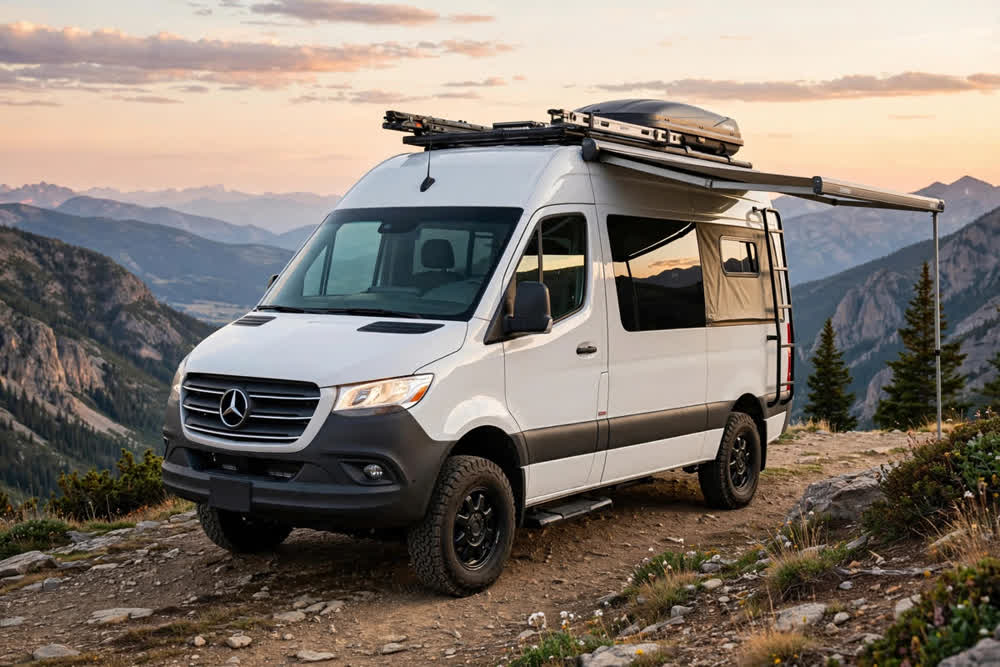 Camper van on a mountain overlook at sunset